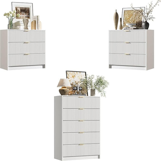 Furniway White Dresser Bedroom Set 3 Pieces, Nightstands Sets of 2, 5 Drawer Dresser with Gold Handles for Bedroom
