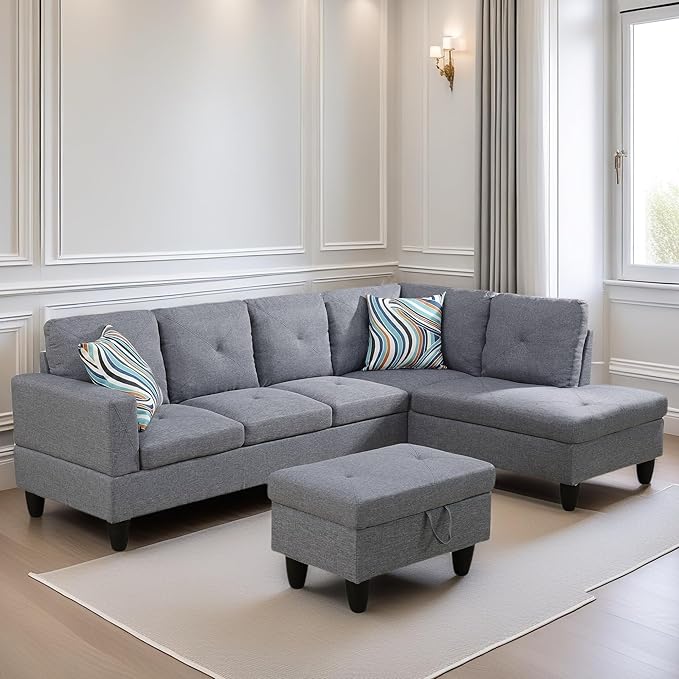 FONTOI L Shaped Sectional Couch Sofa, Modern Couches for Living Room, Comfy 4 Seat Modular Sectional Sofa with Ottoman Storage for Bedroom Apartment, Gray