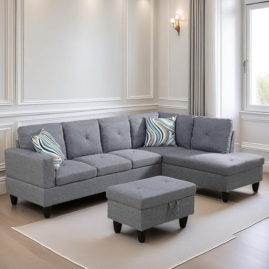 FONTOI L Shaped Sectional Couch Sofa, Modern Couches for Living Room, Comfy 4 Seat Modular Sectional Sofa with Ottoman Storage for Bedroom Apartment, Gray