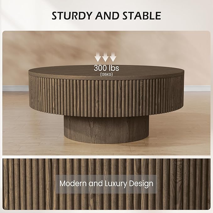 YOUDENOVA 31.5” Round Fluted Coffee Table, Modern Wood Circle Coffee Table, Veneer Handcrafted Relief Tea Table with Sturdy Pedestal for Living Room - Brown