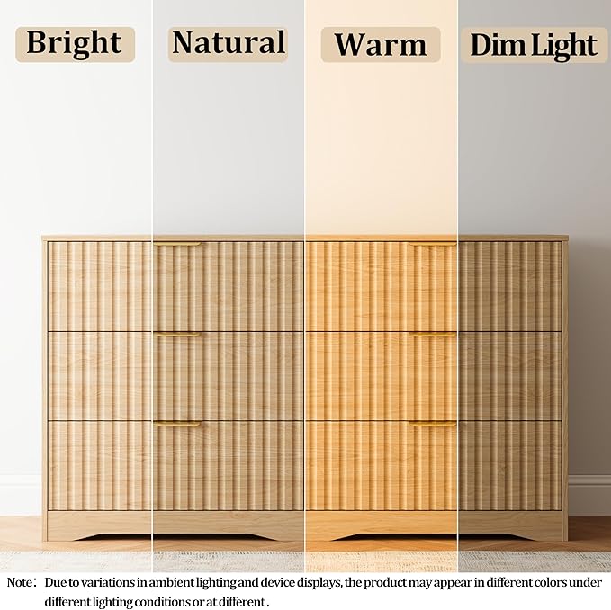 6 Drawer Dresser and Nightstand Sets for Bedroom, Modern Fluted 3 Pcs Bedroom Dresser Furniture Sets, Wood Chest of Drawers and Nightstand Set of 2 with Metal Handles, Natural Oak