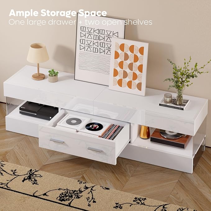 Bestier TV Stand for 55/60/65 Inch TV, High Gloss Modern TV Stand with Stone-Patterned Side Panels, LED Entertainment Center with Large Drawer, TV Consoles for Living Room, Bedroom (Glossy White) - Image 4