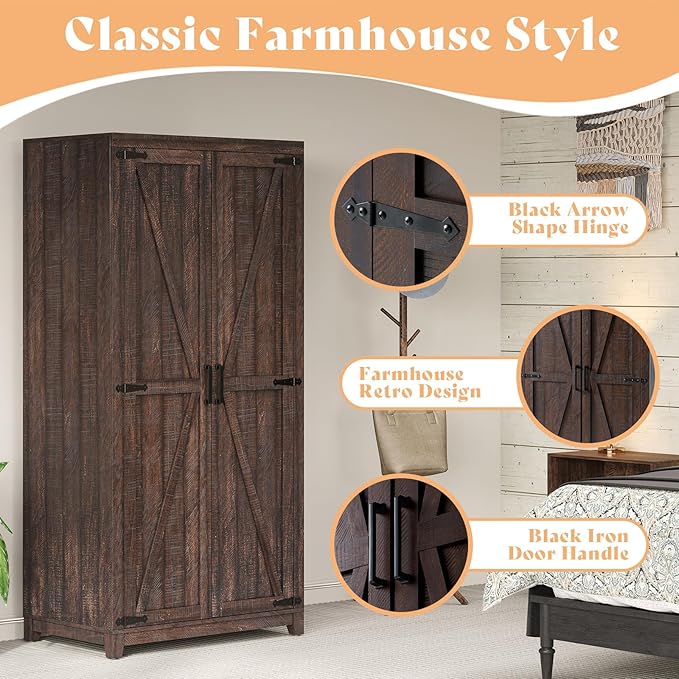 LUXOAK 70" Large Armoire Wardrobe Closet with Hanging Rod, Farmhouse Clothing Storage Cabinet with 2 Barn Doors, Wooden Tall Bedroom Armoires with Shelf, Espresso