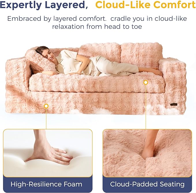 MAXYOYO 3 Seater Sofa for Living Room, Tufted Boneless Couch Bubbled Sofa Couch, Comfy Bean Bag Chair for Bedroom Apartment, No Assembly Needed, Pink