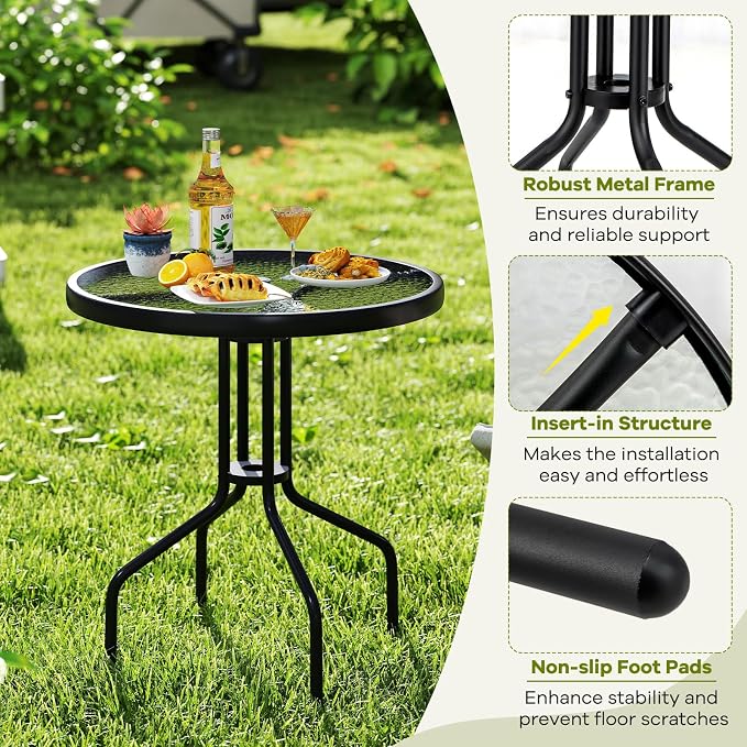 Tangkula 27.5 Inch Round Outdoor Dining Table with Tempered Glass Top, Outside Bistro Table with Umbrella Hole & Metal Frame, Patio Dining Table for Backyard, Lawn, Deck & Poolside - Image 7