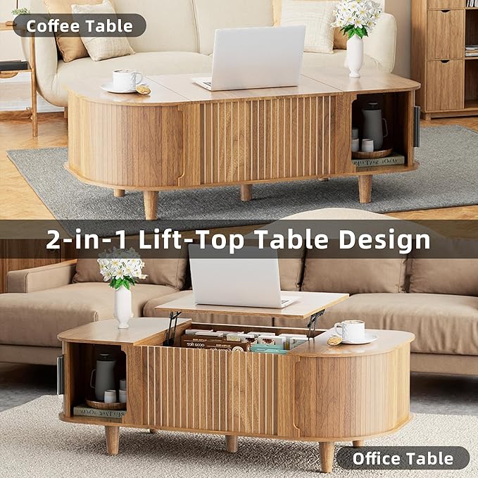 Lift Top Coffee Table, Oval Mid Century Modern Center Table with 3 Hidden Storage, 41" Coffee Tables with Sliding Door and Open Cabinet for Living Room Bedroom Office, Walnut Wood
