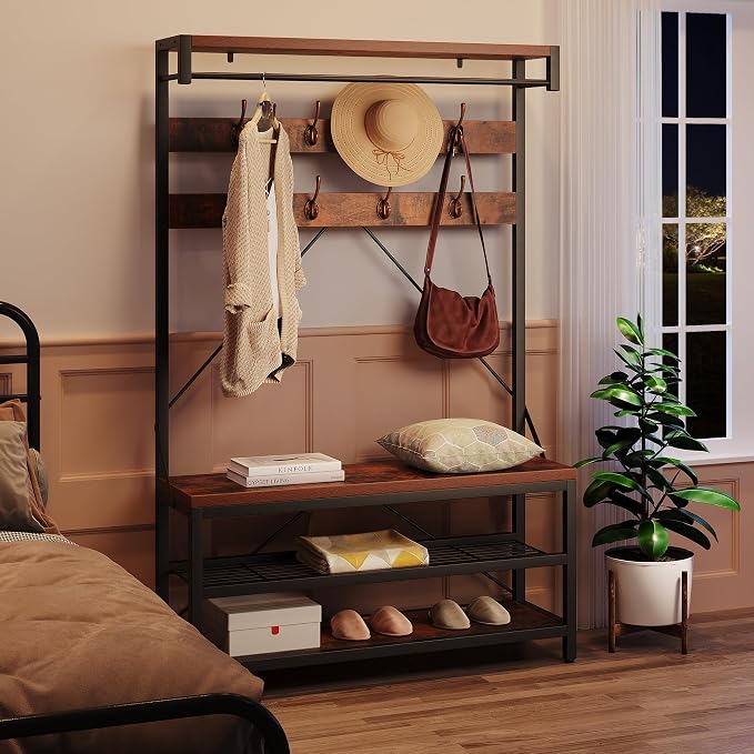 IDEALHOUSE Coat Rack Shoe Bench Industrial Hall Tree Storage Bench for Entryway Wood Look Accent Large Shoe Rack with Storage Shelf Hanging Bar,8 Hooks Grey 39.9"x15.7"x72" - Image 3