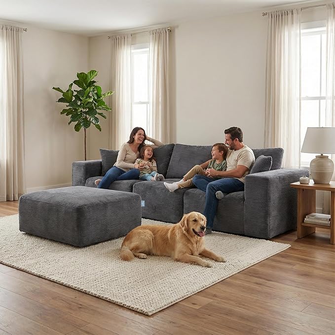 Life Balance Modular Sectional Sofa for Living Room, 106 Inch L-Shape 4-Seat Couches with Chaise, Modular Design Easy to Assemble, Cloud Soft Fabric, Grey(Sherpa Fabric)
