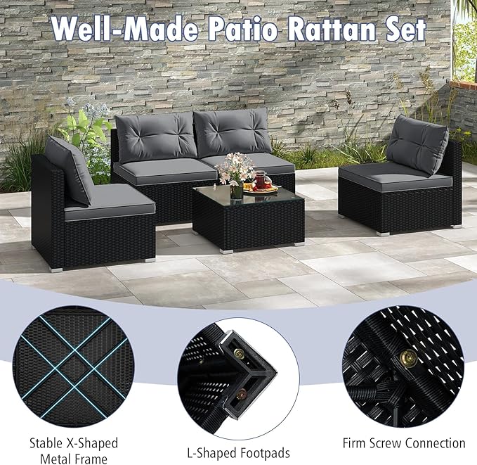 Tangkula 5 Piece Rattan Sofa Set, Outdoor Wicker Furniture Set w/Seat & Back Cushions, Square Coffee Table, Patio Sectional Sofa Set for Backyard, Poolside, Garden (Grey)