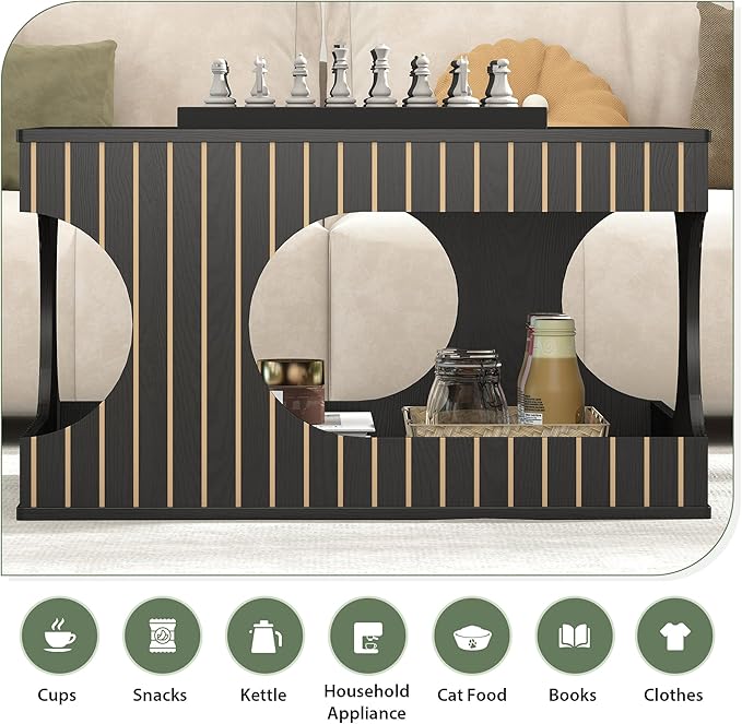 Square Coffee Table with Storage, 31.5" Hollow Cube Coffee Table, 2-Tier Mid-Century Modern Center Table with Arched Cutouts & Carved Lines for Living Room, Cat-Friendly Base (Black)