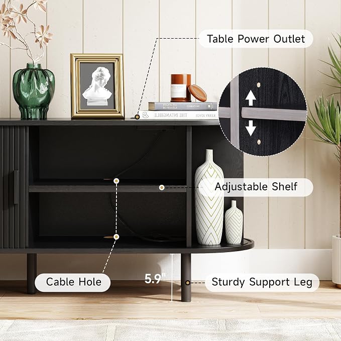 ONBRILL 63" TV Stand with Power Outlet for TVs up to 70 Inch, Entertainment Center with Storage and Adjustable Shelves, Modern Media Console with Sliding Doors for Living Room, Black - Image 4