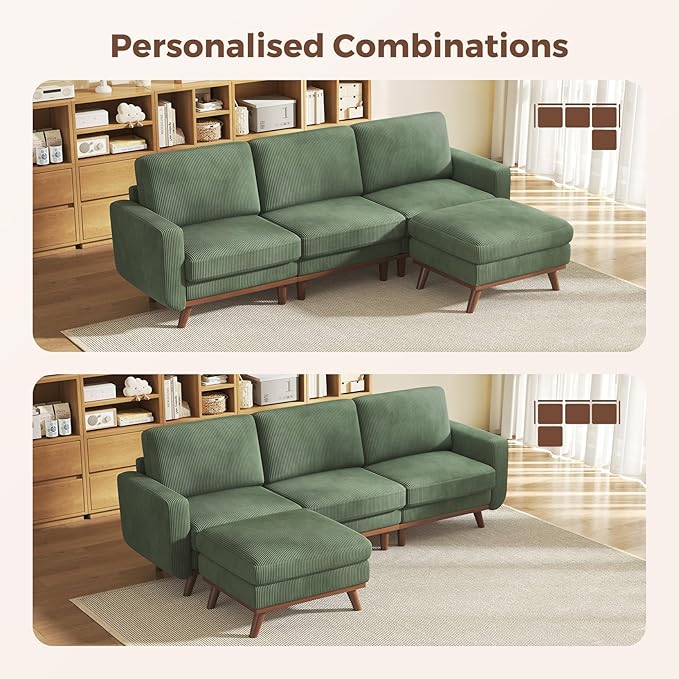 97" Green Corduroy Modular Sectional Sofa, L-Shaped Couch with Movable Ottoman & Spring Cushion, Deep Seat Modular Sofa for Living Room Bedroom Apartment