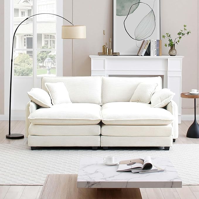 KEIKI 81" Oversized Corduroy Modular Sectional Loveseat Sofa with 2 Ottoman, High-Density Foam Cushions, Removable Armrests, Upholstered 2-Seater Corner Couch with 4 Pillow, for Living Room, Beige