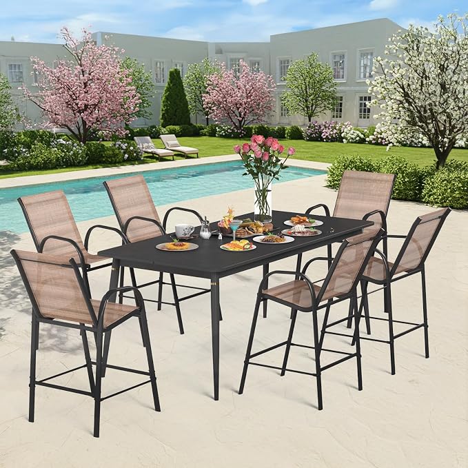 HOMREST Outdoor Bar Height Stools Set of 6,High Back Patio Chairs with Armrests,Textilene Chairs with Breathable Fabric & Metal Frame for All Weather,Brown - Image 9