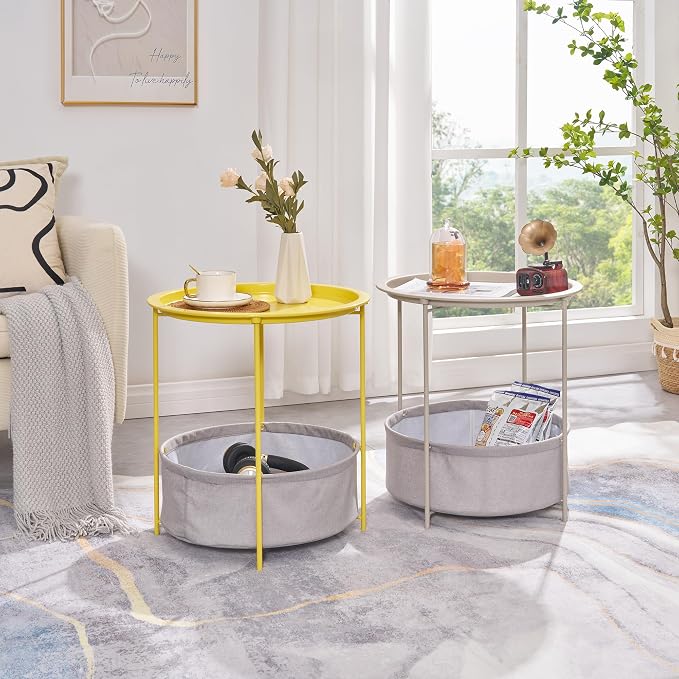 VECELO Round Side/End Table with Fabric Storage Basket，Metal Anti-Rust and Waterproof Small Bedside Nightstand with Removable Tray Top for Living Room，Balcony & Laundry，Grey /2pcs with Basket - Image 7