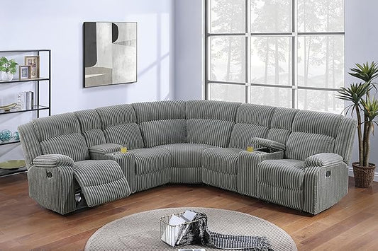 Oversized L-Shaped Power Reclining Sectional Sofa Motion Recliner Couch ,Corduroy Upholstered Symmetrical Recliner Sofa&Couch W/2 Console Storage, Cupholders, USB Ports for Home Theater Living Room