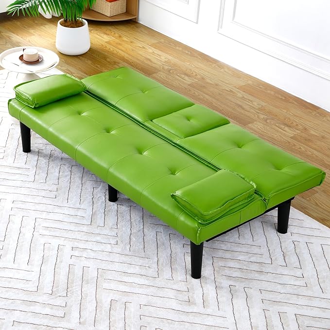 KEIKI 67" Convertible Sofa Bed with Cup Holder, 3 in 1 Futon Sofa Bed, PVC Sleeper Sofa Chair for Living Room, Office, Green