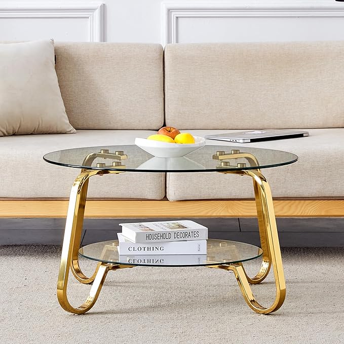 Glass Round Coffee Table for Living Room, 31.5 Inch Tempered Glass Top & Sturdy Metal Frame with Storage Shelf, Modern Small Center Table with 200lb Capacity, Quick & Easy Assembly