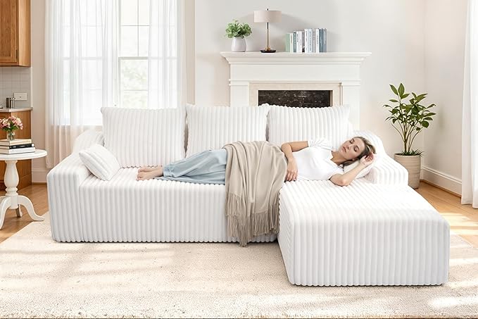 Homguava 94'' Cloud Sectional Couch, Modular L-Shape Couch with Chaise, Boneless Sofa with Deep Seat for Living Room Bedroom,No Assembly Required(Beige,Right Facing Chaise)