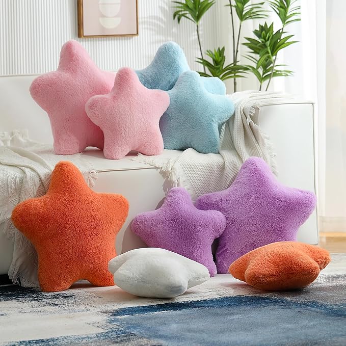 YRXRUS Star Pillows, Orange Star Shaped Pillow, Decorative Throw Pillow Gifts, Cute Plush Room Decor, Fluffy Faux Rabbit Fur 14"x14"Pillows for Living Bedroom