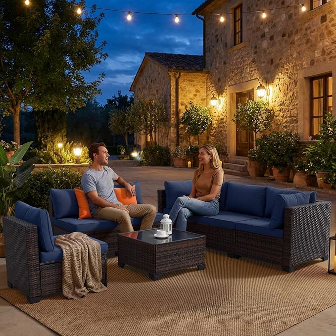 7 Piece Outdoor Wicker Patio Furniture Set, Rattan Sectional Sofa Conversation Set with Coffee Table & Cushions, for Poolside Backyard Garden Porch, Brown Wicker/Blue Cushion