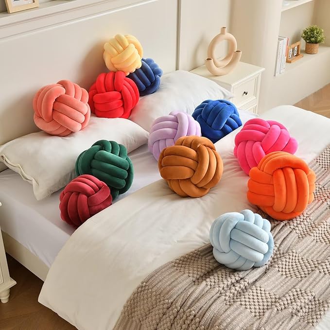 LUSJNGE Decorative Throw Knot Pillow Ball for Home Chair Sofa Couch Bed Aesthetic Round Velvet Knotted Pillow Cushion (Orange, 11 inches)