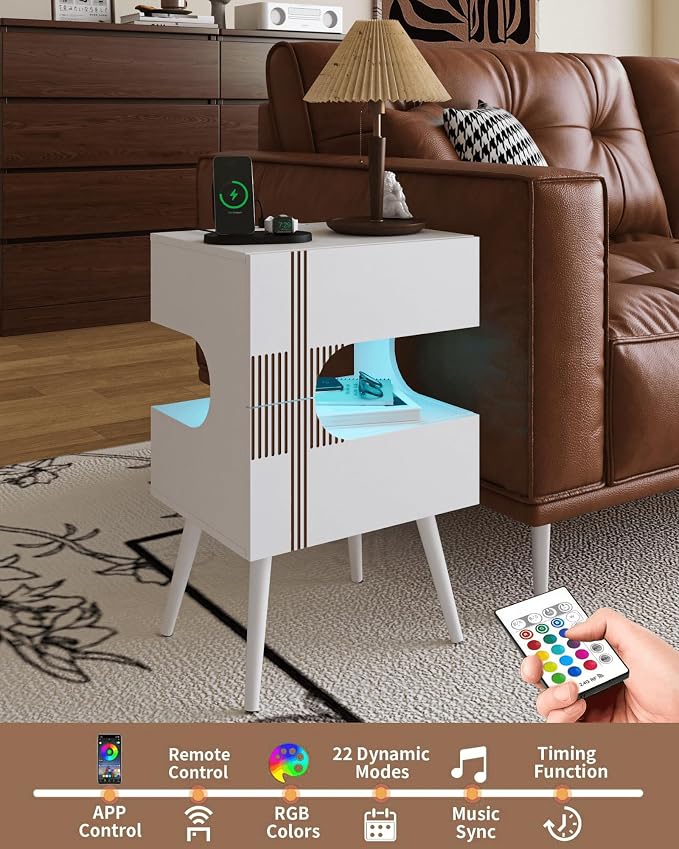 JOONEE White Nightstand with Charging Station and LED Lights,Modern Bedside Table with 2 Storage Drawer,Night Stand with Solid Wood Legs,White (White-2) - Image 5