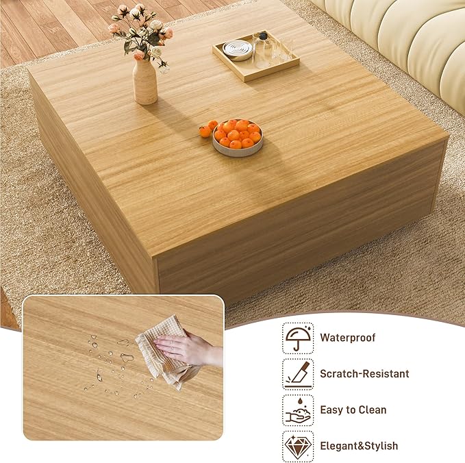 47 Inch Large Square Coffee Table with Storage,Modern Wooden Coffee Tables with 2 Drawers Storage for Living Room,Mid Century Tea Table/Aesthetic Coffee Table Center Table for Home Office(Oak)