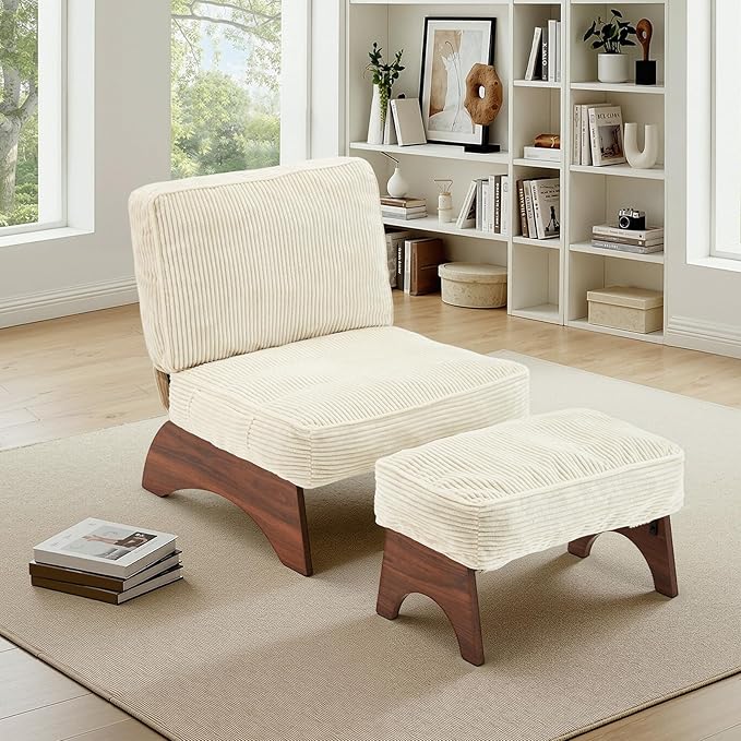 EROMMY Accent Chair with Ottoman, Modern Corduroy Living Room Chair with Adjustable Backrest & Footrest Set, Comfy Reading Chair for Living Room Bedroom Reading Room Guestroom, Cream