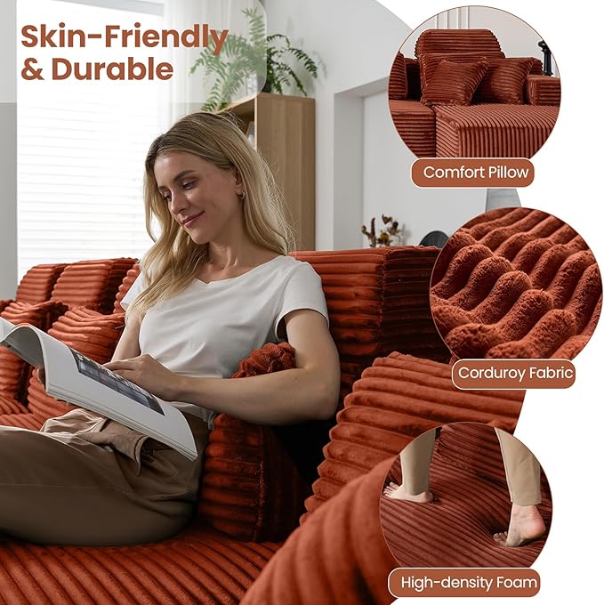 141" U-Shaped Cloud Modular Sectional Sofa with Chaise & Headrest, Boneless Deep Seat Plush Corduroy Couches for Large Living Room, No Assembly Required (Orange, 141" U-shapred Chaise)