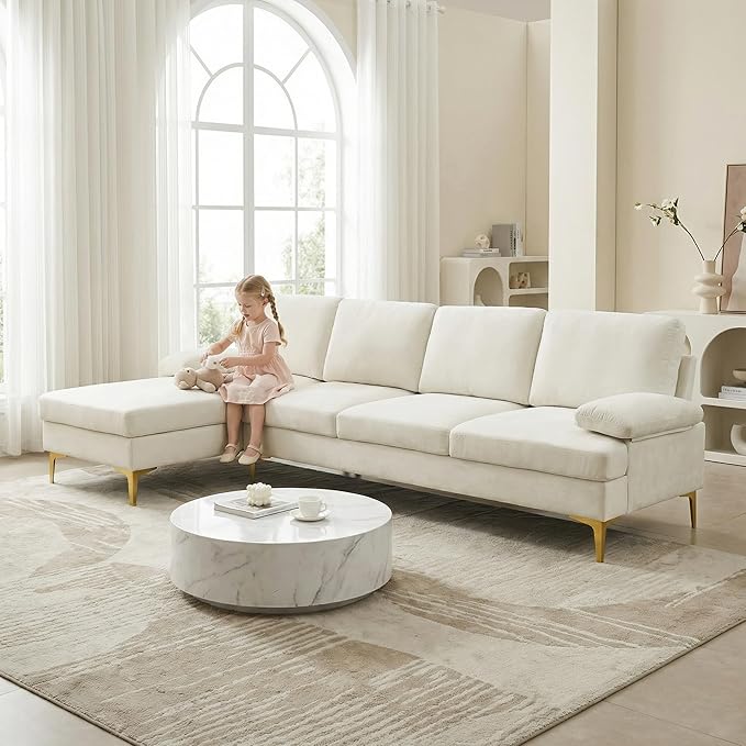 Modern L-Shaped Sectional Sofa with Gold Legs, Apartment Sectional Couch with Left Facing Chaise, 4 Seater Fluffy Couch, 99 Inch Furniture, Beige
