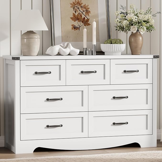 Dresser for Bedroom with 7 Drawers, 58" Wide Wood Chest of Drawers with Deep Drawers & Mental Handle, Modern Dresser TV Stand, Wooden Closet Storage Organizer for Living Room, Hallway, Entryway, White - Image 3