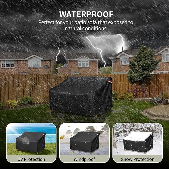 KylinLucky Heavy Duty Patio Sofa Cover 54"W x 38"D x 35"H, Waterproof 3-Seater Outdoor Couch Cover with Drawstring & Leg Clips, Windproof Design, Black - Image 8