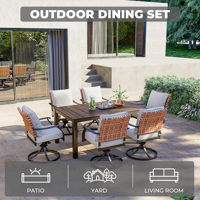 Grand patio 7-Piece Outdoor Dining Set, 6 Leather-Look Resin Wicker Swivel Patio Chairs & 1 Rectangular Woodgrain Dining Table, Brown - Image 2