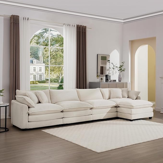 KEIKI 150" L-Shaped Oversized Corduroy Modular Sectional Sofa with 1 Ottoman, High-Density Foam Cushions, Removable Armrests, Upholstered 4-Seater Corner Couch with 6 Pillow, for Living Room, Beige