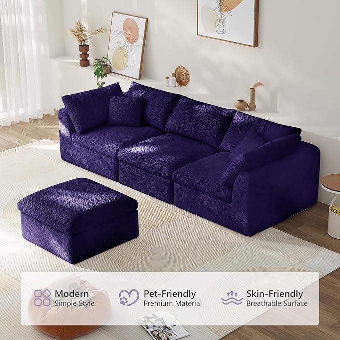108" Modular Sectional Sofa Boneless Cloud Couch for Living Room, L Shape Deep Seat Recliner Sofa with Ottoman, Adjustable Backrest & 2 Throw Pillows - Covers Washable, (Purple, 3 Seater+1 Ottoman)