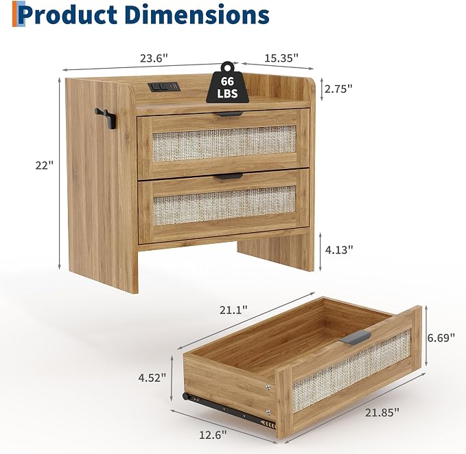 Rattan Nightstand Set of 2, Bedside Table, Modern Night Stand with Type-C Charging Station, 2 Drawer Storage Space, with Hook Included, Suitable for Bedroom, Office as a End Table, Side Tables - Image 3