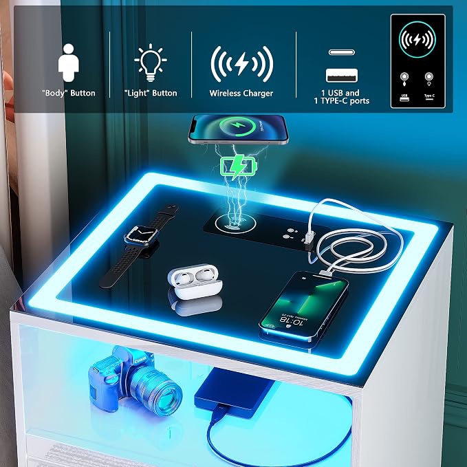 Lvifur LED Nightstand Set of 2 with Wireless Charging Station and USB&Type-C Ports for Bedroom White,3 Color Dimmable Bedside Table with Touch Screen for Office - Image 3