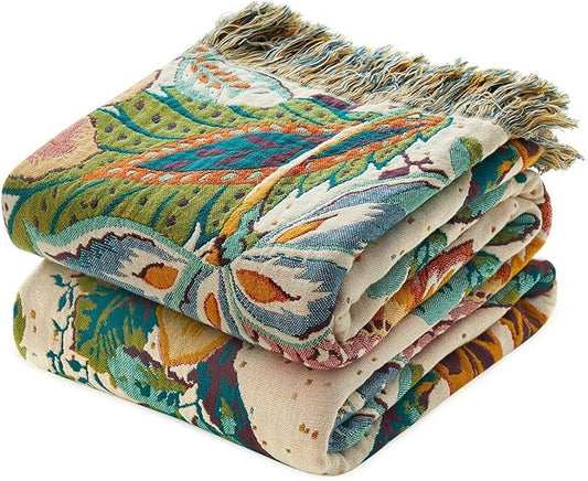 LUTBM Boho Throw Blanket for Couch Sofa Chair Cotton Spring Blankets for Bedroom Living Room All Season Soft Lightweight Reversible Botanical Floral Embroidery Decorative Throws 50"x60" Home Decor