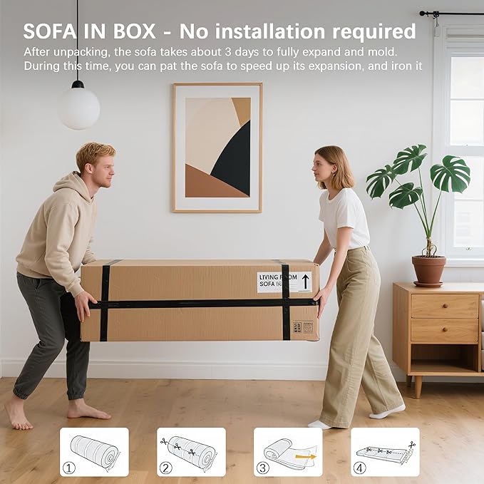 83" Modern Sofa in a Box, No Assembly Oversized 3 Seater 28" Deep Seat Cloud Sofa Bed Couch with 4 Furry Pillows & Corduroy Fabric, Boneless Couch with Side Storage Pockets for Living Room, Green