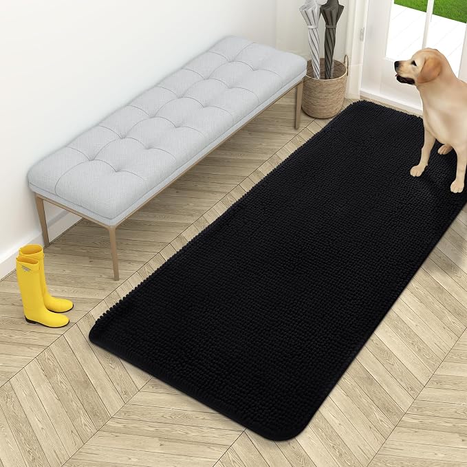 OLANLY Dog Door Mat for Muddy Paws 54x24, Absorbs Moisture and Dirt, Absorbent Non-Slip Washable Doormat, Quick Dry Chenille Mud Mat for Dogs, Entry Indoor Entryway Carpet for Inside Floor, Black by OLANLY