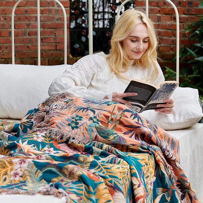 Boho Throw Blanket - 100% Cotton Ultra Soft Muslin Spring Blanket, 60"x80" Lightweight Floral Bird Framhouse Bedding Blanket for Bed, All Season Blue Bohemian Bedroom Home Decor Quilt