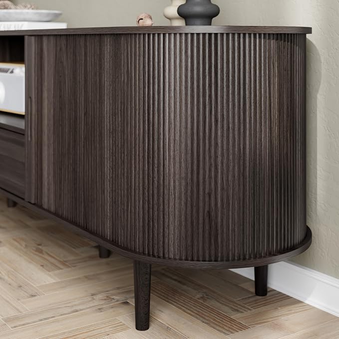DHH 71" Fluted TV Stand with Power Outlet for TVs up to 80", TV Console with Adjustable Shelves and Sliding Door,Mid Century Modern Entertainment Center for Living Room,Bedroom (Dark Walnut, 71Inch) - Image 8