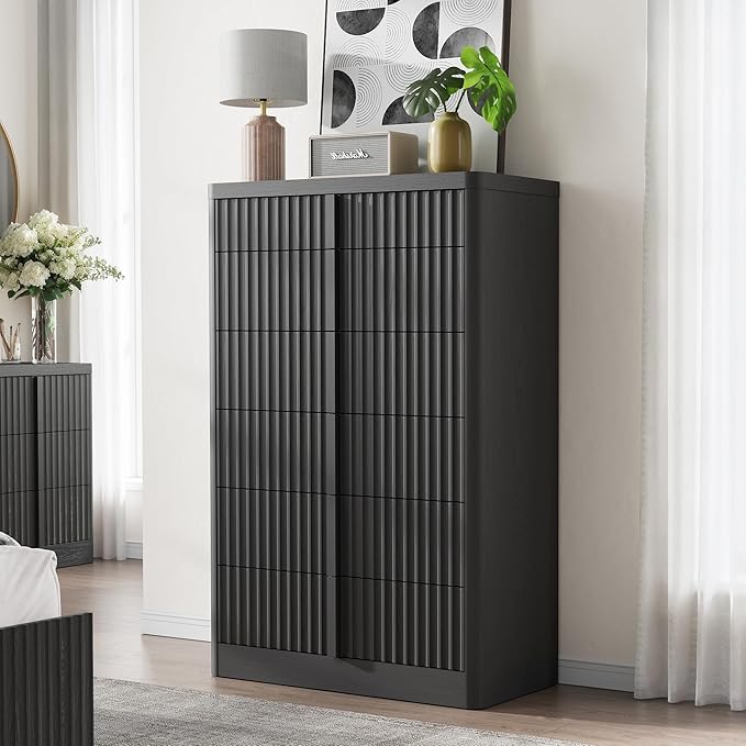 Fluted Dresser and Nightstand 4-Piece Bedroom Set, 47" Wide 6-Drawer + 49" Tall 6-Drawer Dresser and 2 of 3-Drawer Nightstand with Charging Station, Modern Bedroom Dressers Sets, Hallway, Black