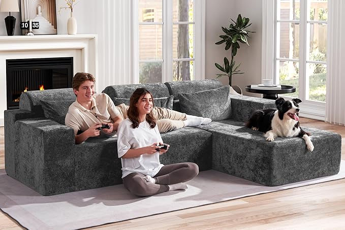 Homguava Modular Sectional Couches for Living Room,105" Cloud Couch with L-Shape Chaise,Comfy Sofa Living Room Couch with Deep Seat,No Assembly L Couch,Luxury Distressed Velvet(Grey,R)