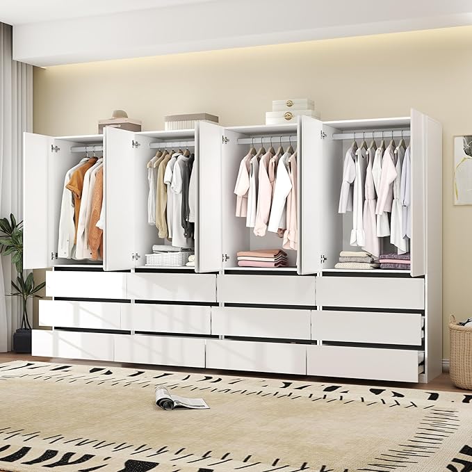 Large Wardrobe Closet with 8 Doors: 75" White Armoire with 12 Drawers, Wooden Wardrobe for Hanging Clothes, Tall Storage Cabinet with Shelves and Hanging Rod (B+B+B+B, 126")