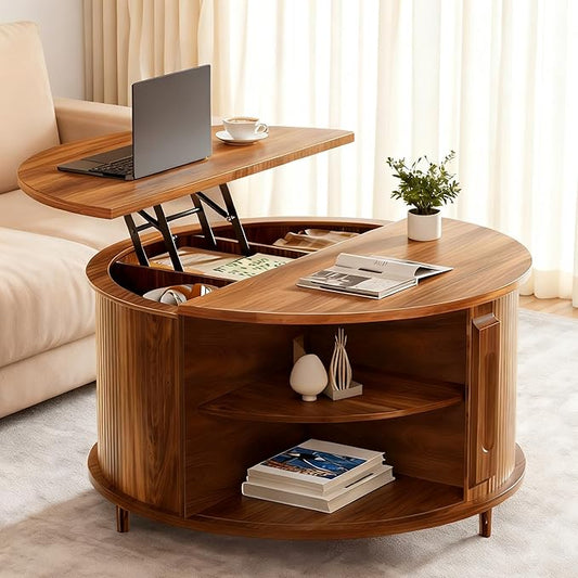 Round Lift Top Coffee Table, 31.5" Fluted Wood Accent Coffee Table with 180° Curved Sliding Door, Hidden Storage, Mid Century Modern Center Table for Living Room Office Small Spaces, Walnut