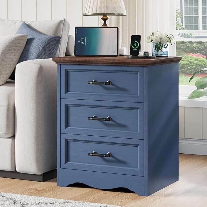 Bedroom Set, 4 Pieces Bedroom Furniture Set, 47"W 7 Drawer Dresser, 44"H 6 Drawer Dresser and 3 Drawers Nightstands with Charging Station, Farmhouse Storage Organizer Cabinet for Bedroom, Blue