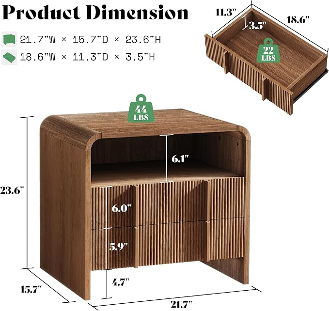 AMERLIFE Fluted Night Stand Set 2 with Storage Drawers, Modern Small Nightstand & Bedside Table with Open Shelf, Curved Profile Design & Pine Handles, Wood End Table for Bedroom, Walnut - Image 2