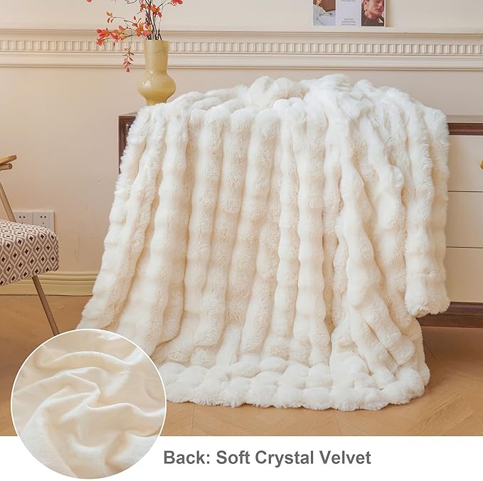 LIFEREVO Luxury Fluffy Faux Rabbit Fur Throw, Plush Fuzzy Bubble Blanket for Couch Sofa, Soft Cute Furry Bed Blanket Home Decoration, Shaggy Ivory Throw for Bedroom Living Room Office, 50x60, Beige